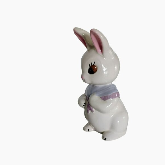 Ceramic Bunny Rabbit Figurine, Lavender Scarf & Pink Ears, Vintage Easter Decor - Picture 7 of 9